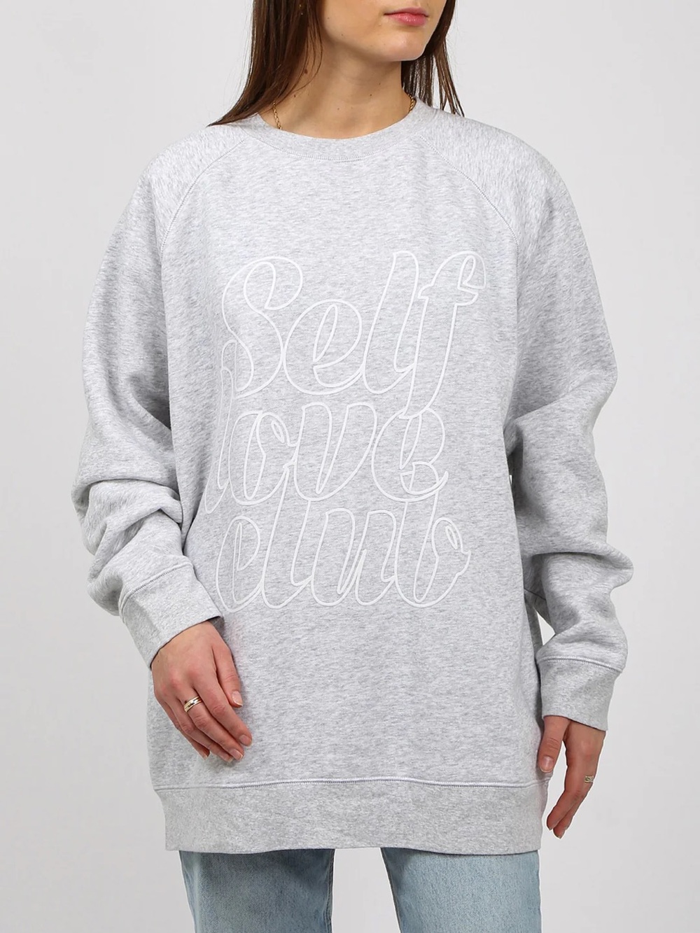 NWOT Brunette the Label “Self Love Club” Big Sister Crewneck in Pebble Grey